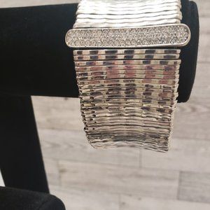 Stretchy Bangle Bar Bracelet Bamboo Look Silvertone Pave Crystals Metal Modern